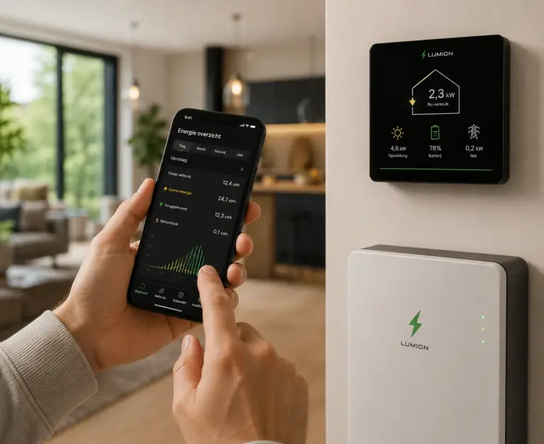 Thuisbatterij aan de muur met de Lumion app op een telefoon