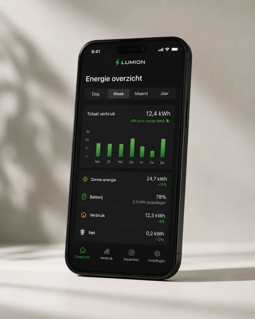 Besparing van een thuisbatterij in de app van Lumion Energy